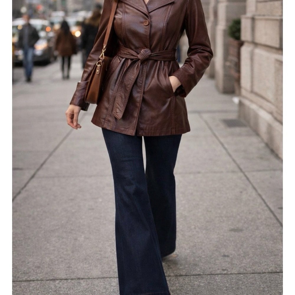 Vintage Women's Burgundy Belted Leather Trench Coat by Cosa Nova 70s, 80s